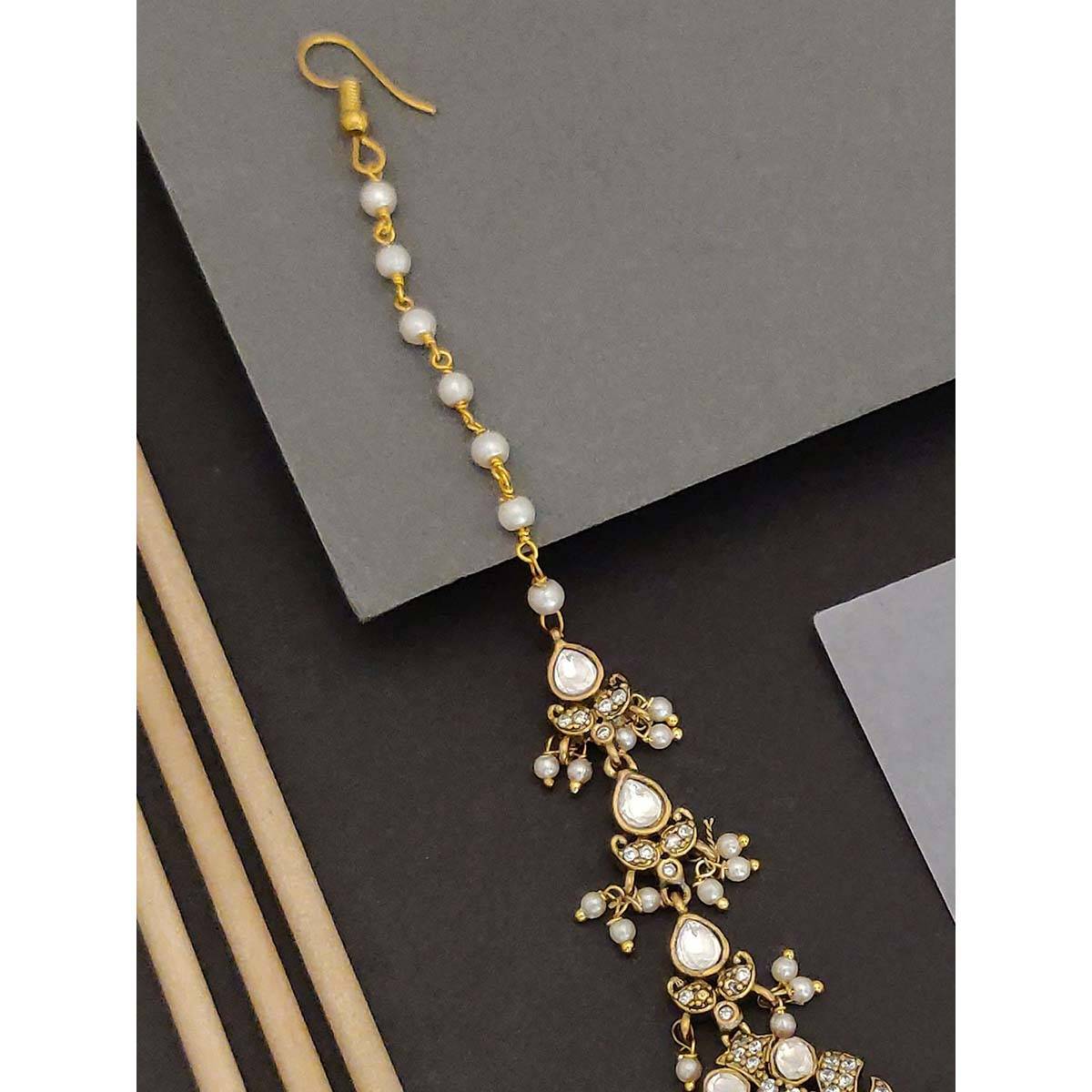 Abdesigns Stylish Gold Plated Pink and White Stone Polki Maangtikka