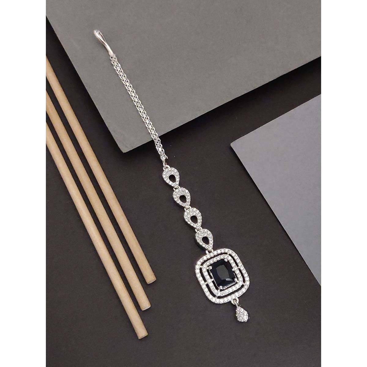 Abdesigns Elite Silver Plated Black American Diamond Maangtikka