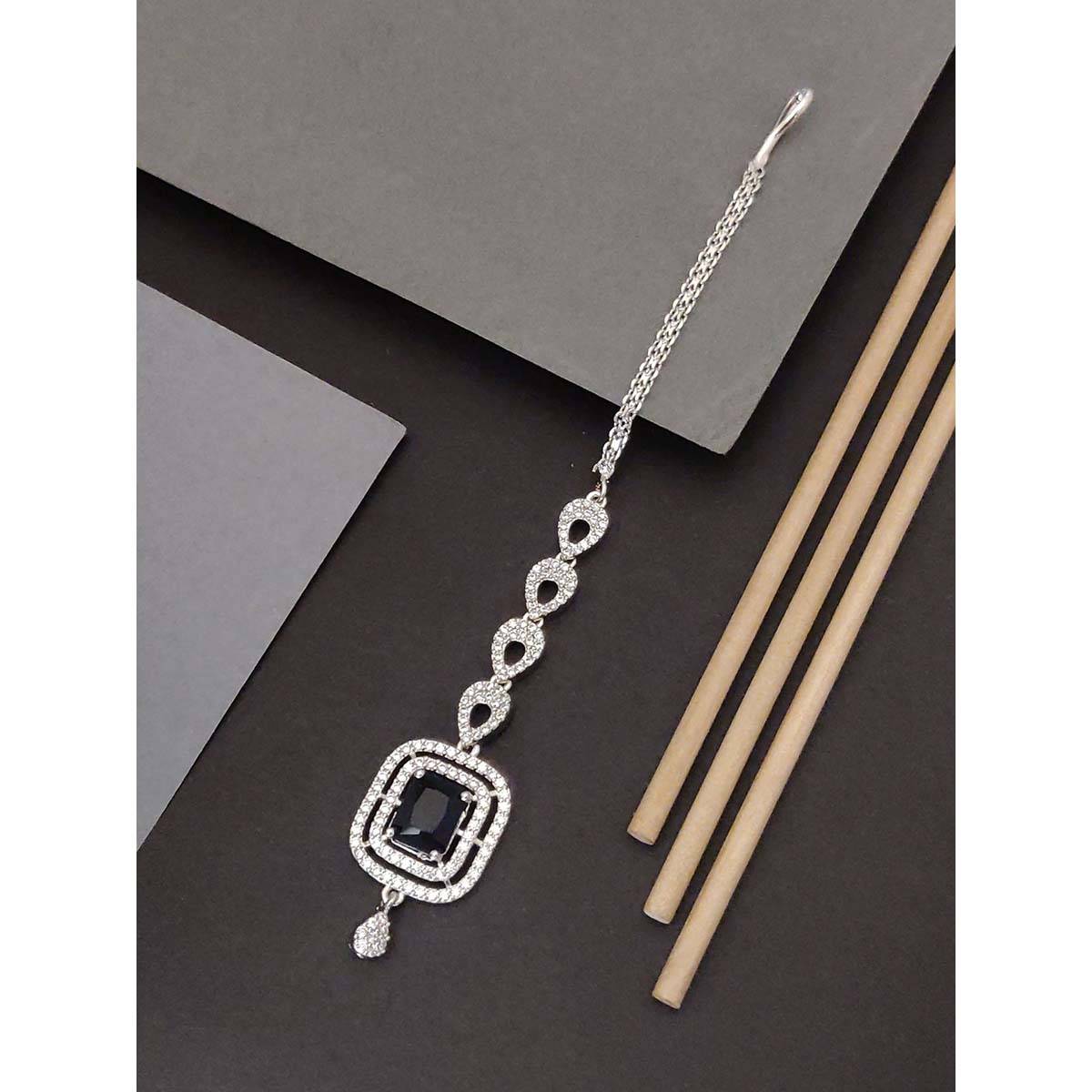Abdesigns Elite Silver Plated Black American Diamond Maangtikka