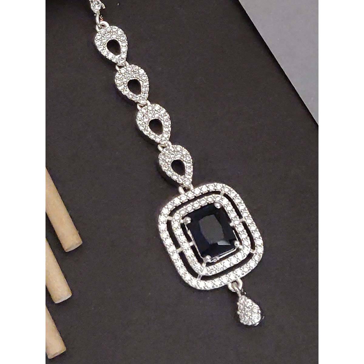 Abdesigns Elite Silver Plated Black American Diamond Maangtikka