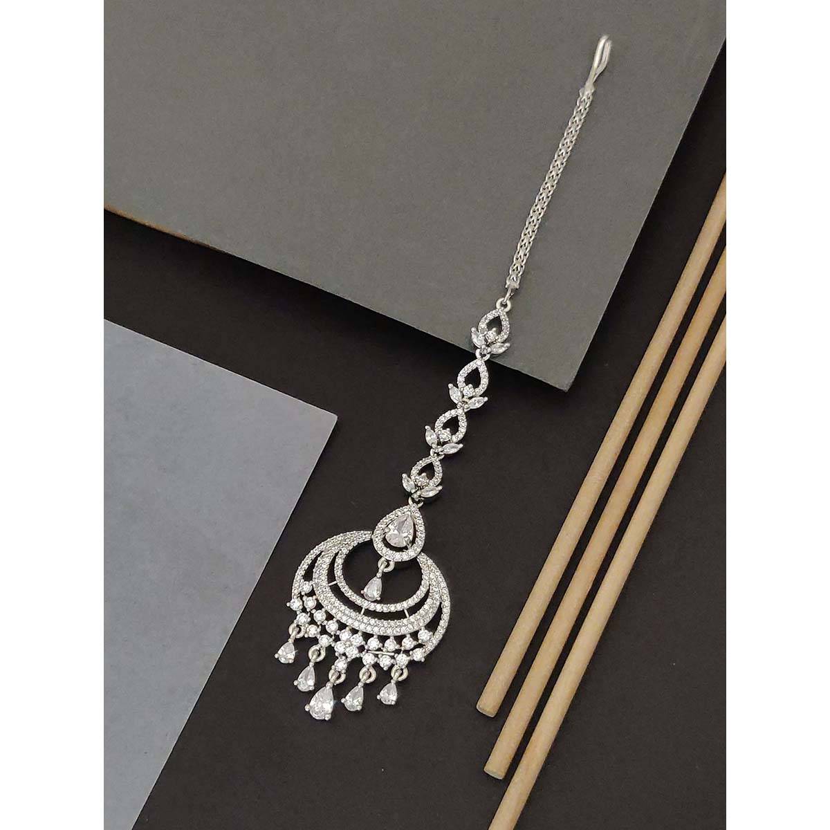 Abdesigns Stylish Silver Plated American Diamond Maangtikka