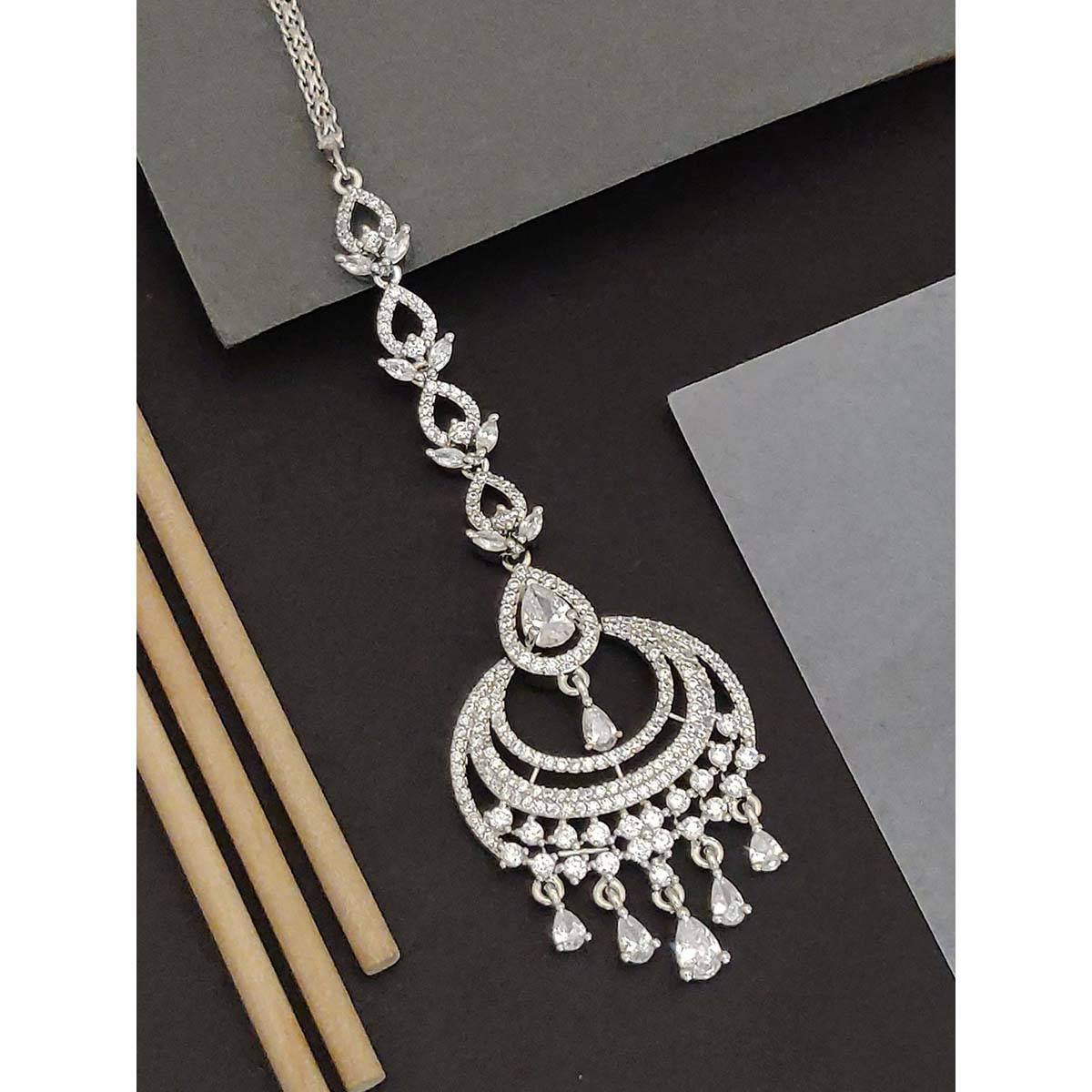 Abdesigns Stylish Silver Plated American Diamond Maangtikka