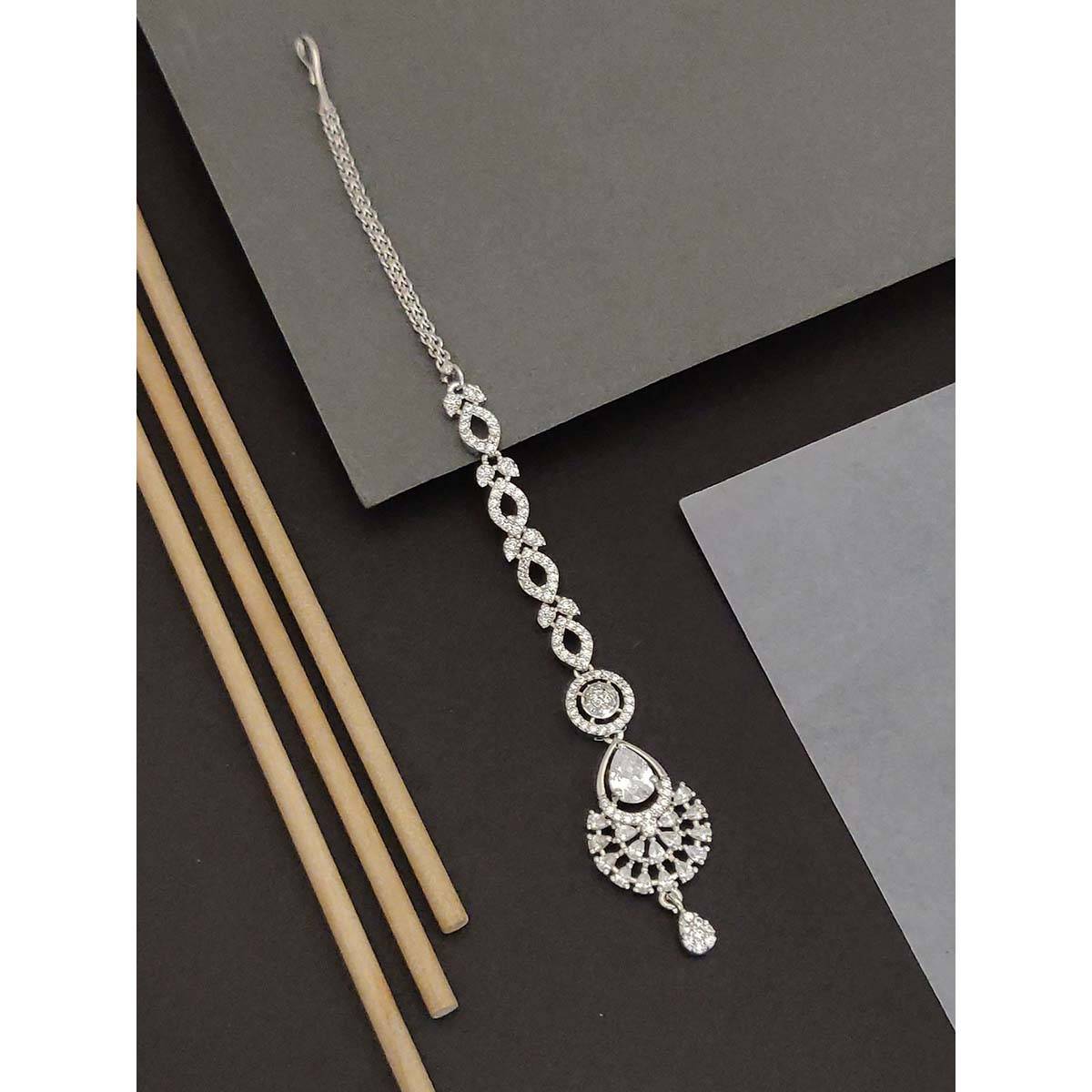 Abdesigns Stylish Silver Plated White American Diamond Maangtikka