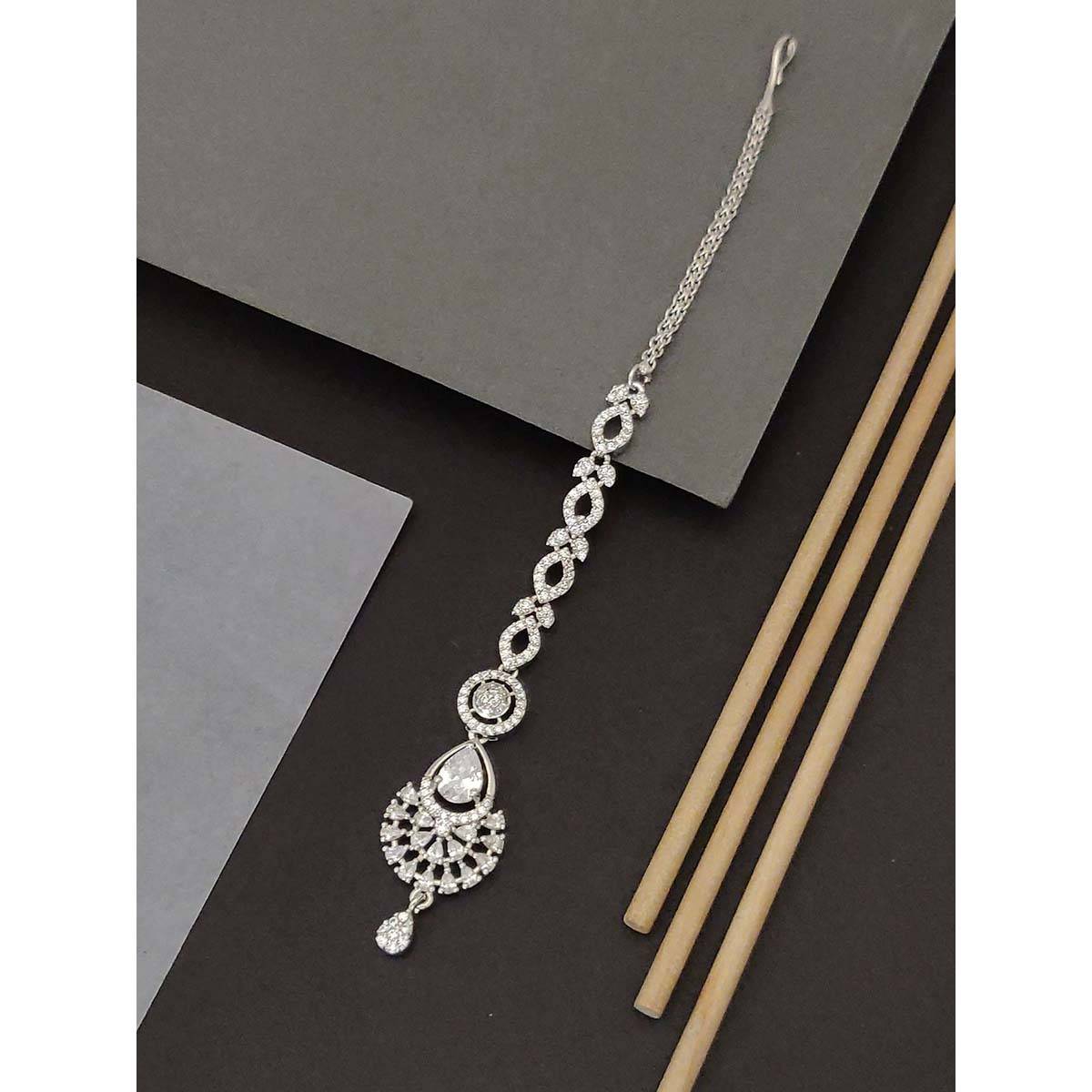 Abdesigns Stylish Silver Plated White American Diamond Maangtikka