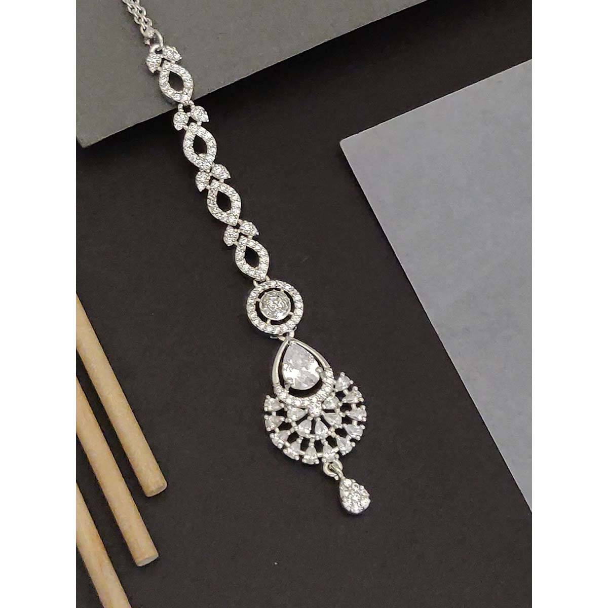 Abdesigns Stylish Silver Plated White American Diamond Maangtikka