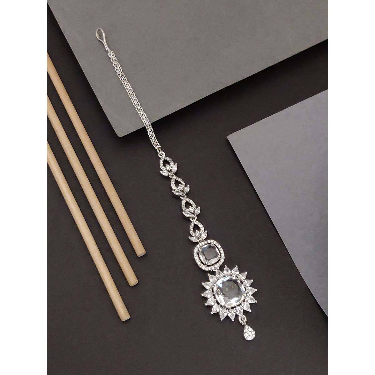 Abdesigns Elite Silver Plated White American Diamond Maangtikka