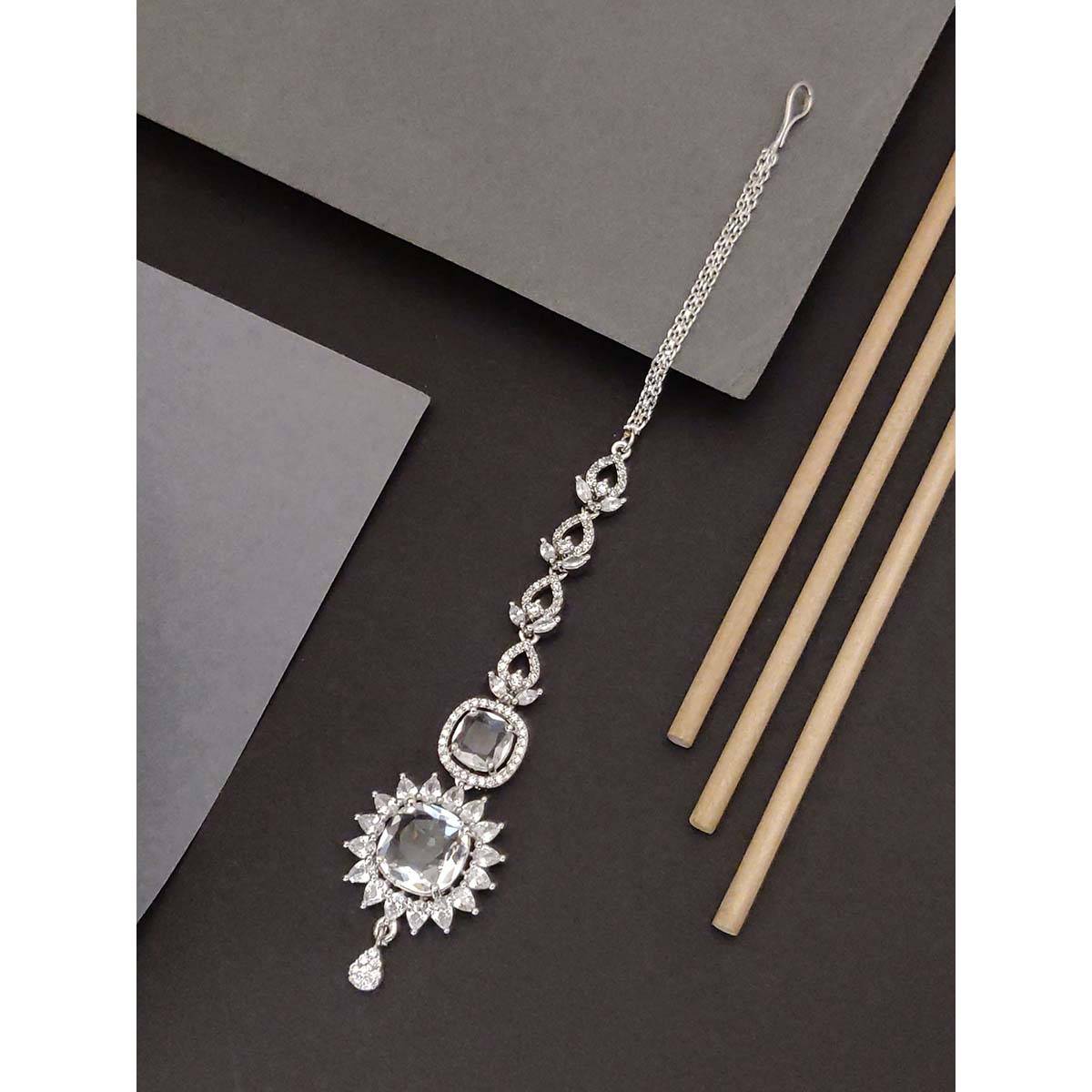 Abdesigns Elite Silver Plated White American Diamond Maangtikka · One Size