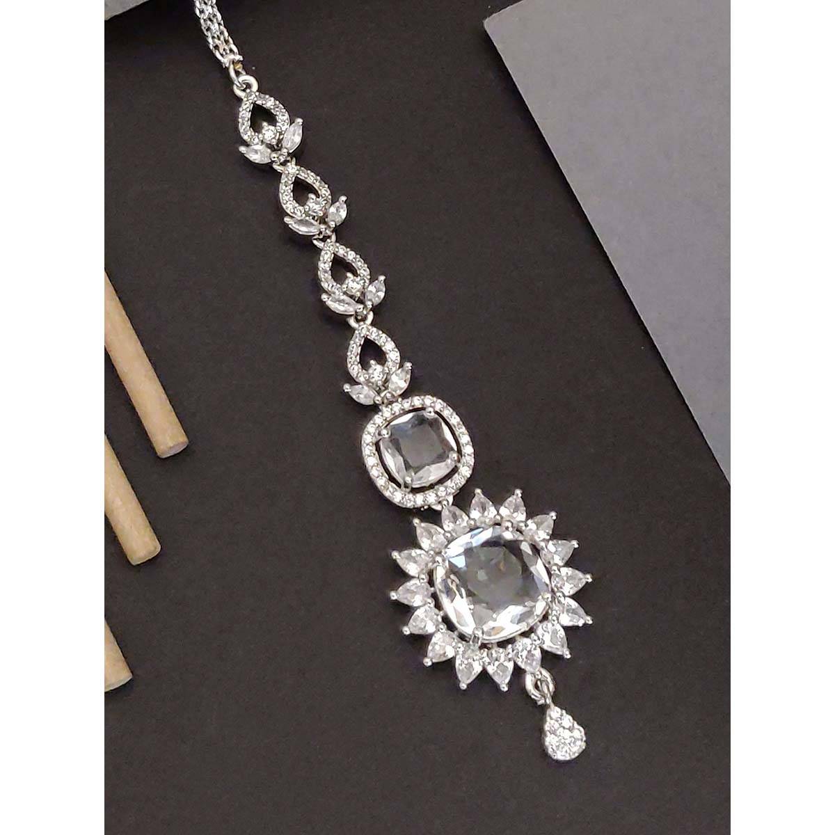 Abdesigns Elite Silver Plated White American Diamond Maangtikka