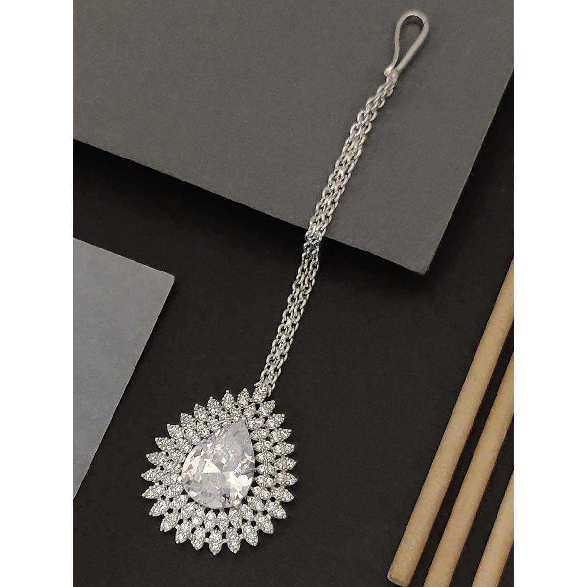 Abdesigns Stylish Silver Plated American Diamond Maangtikka