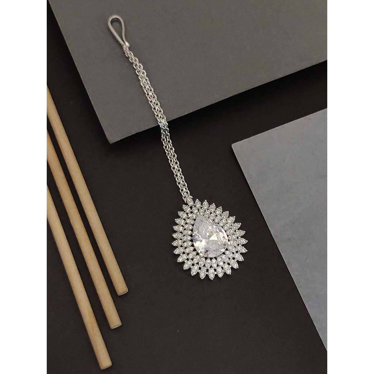 Abdesigns Stylish Silver Plated American Diamond Maangtikka
