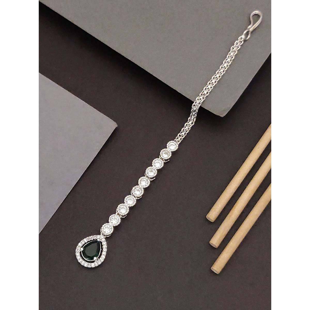 Abdesigns Elite Silver Plated Green American Diamond Maangtikka