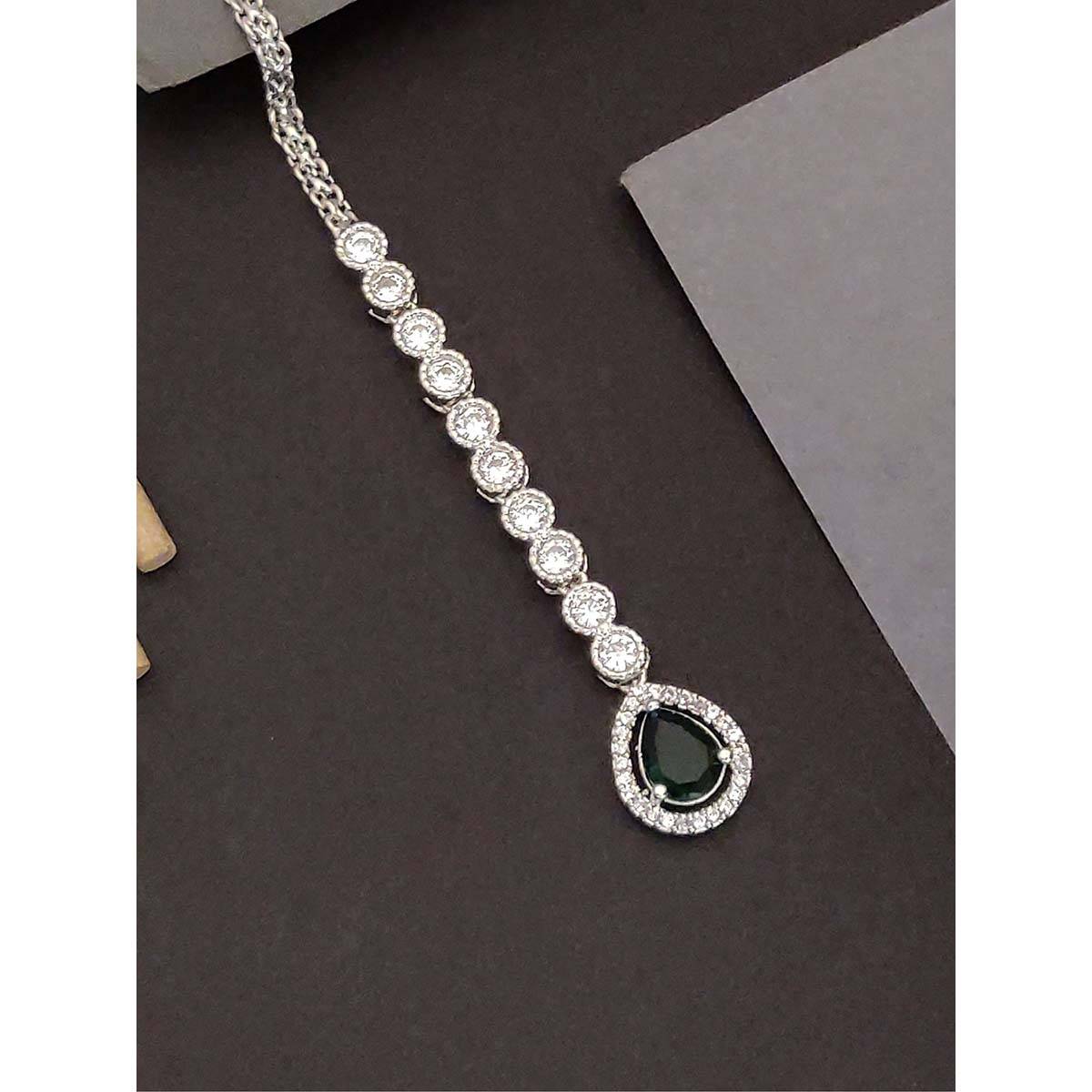 Abdesigns Elite Silver Plated Green American Diamond Maangtikka