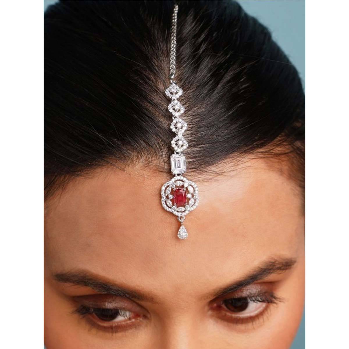 Abdesigns Silver Plated American Diamond Studded Maangtikka (Pack of 2) · One Size