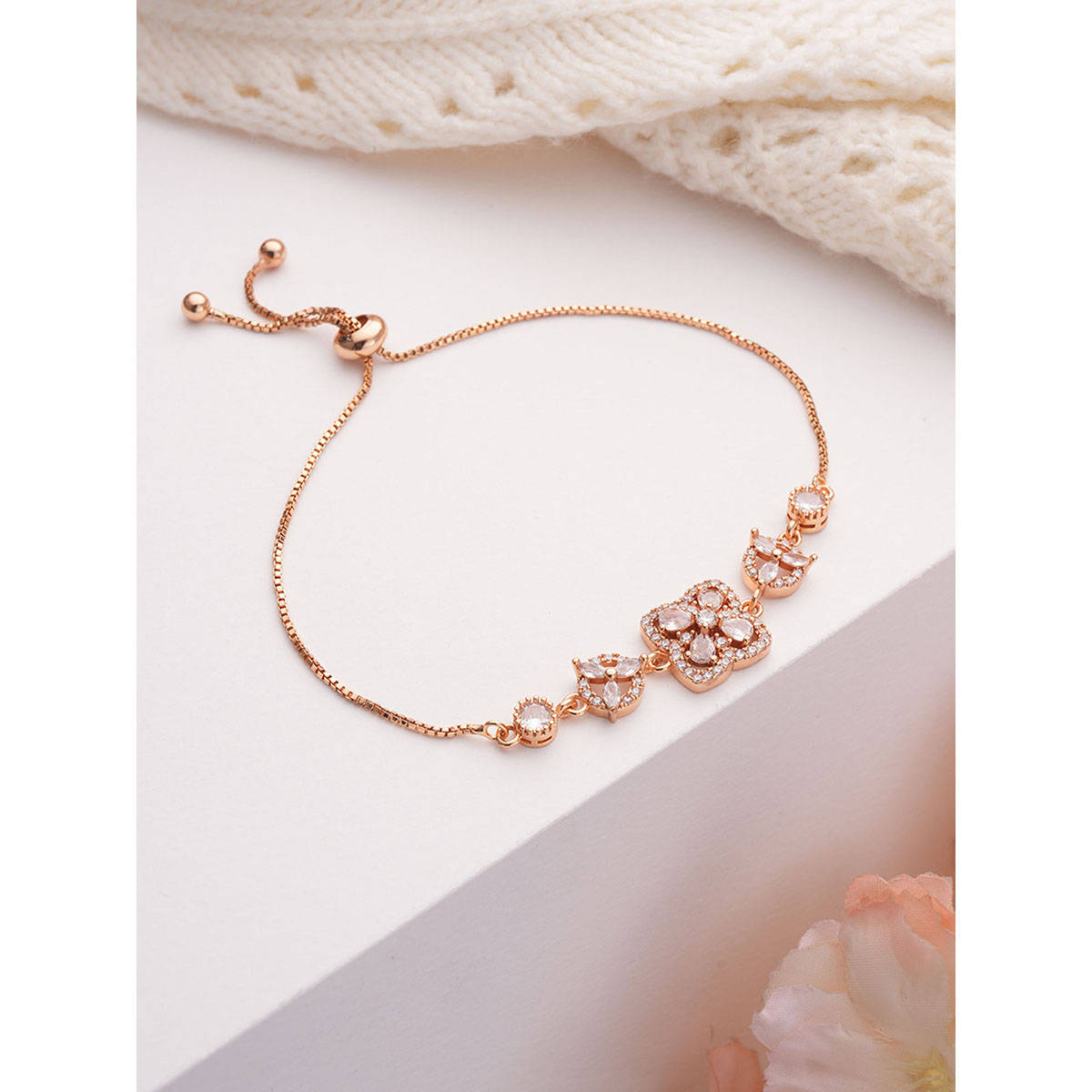 Aatmana Brass Cubic Zirconia Rose Gold-Plated Link Bracelet