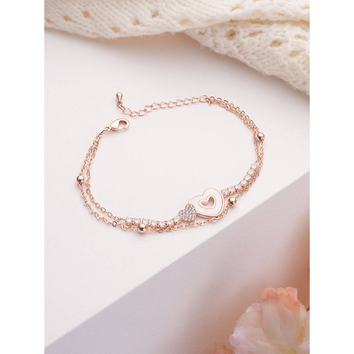 Aatmana Brass Cubic Zirconia Rose Gold-Plated Link Bracelet