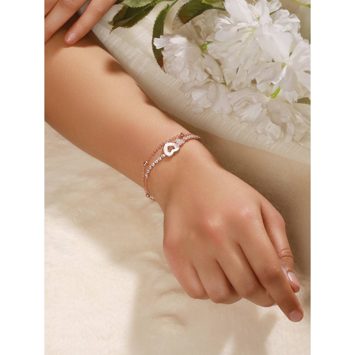 Aatmana Brass Cubic Zirconia Rose Gold-Plated Link Bracelet