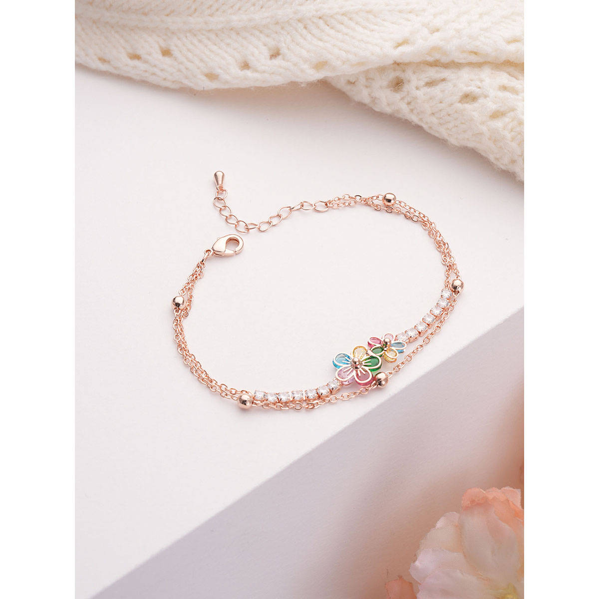 Aatmana Brass Cubic Zirconia Rose Gold-Plated Link Bracelet