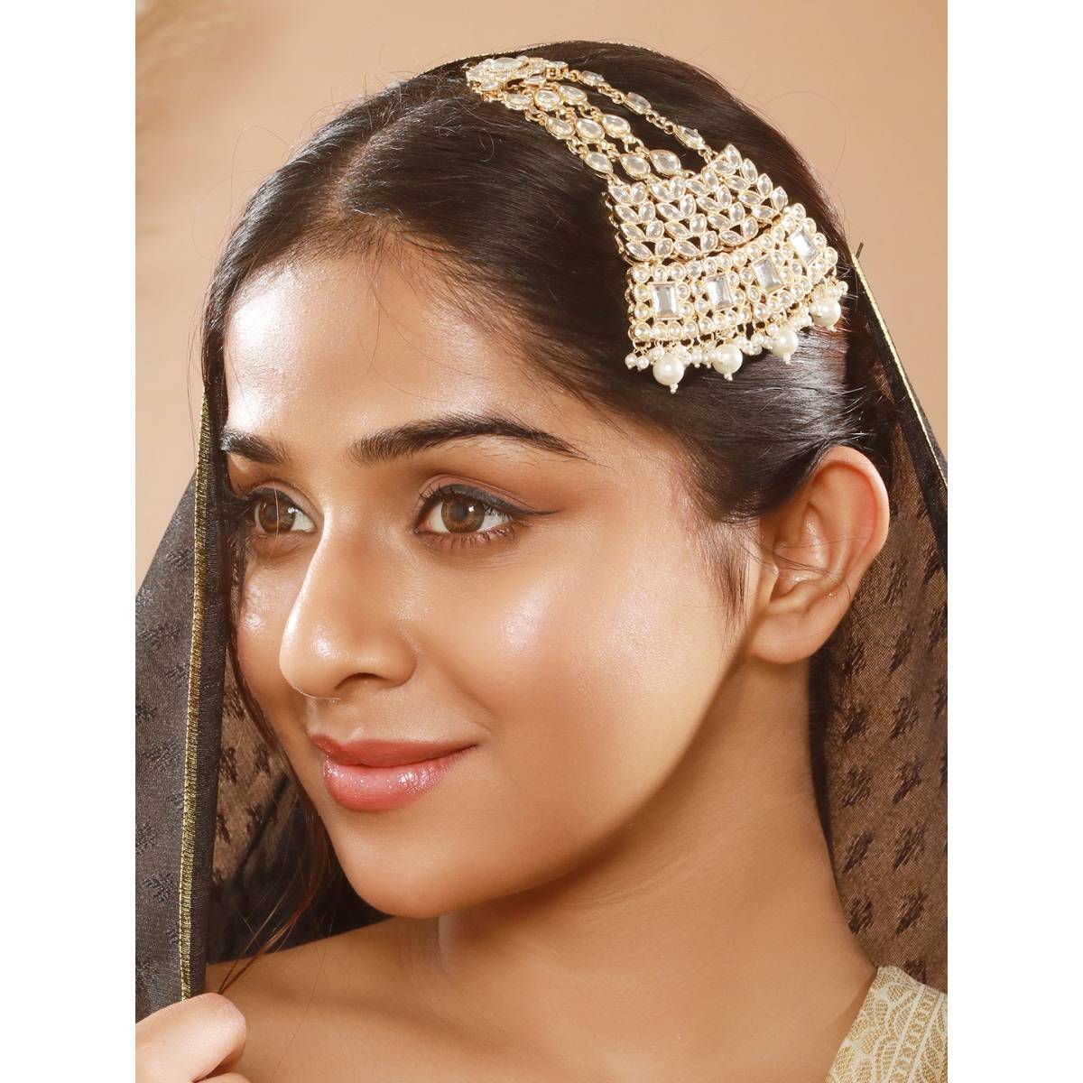 Aatmana Gold-Plated Kundan Studded Jhumar Passa Head Jewellery