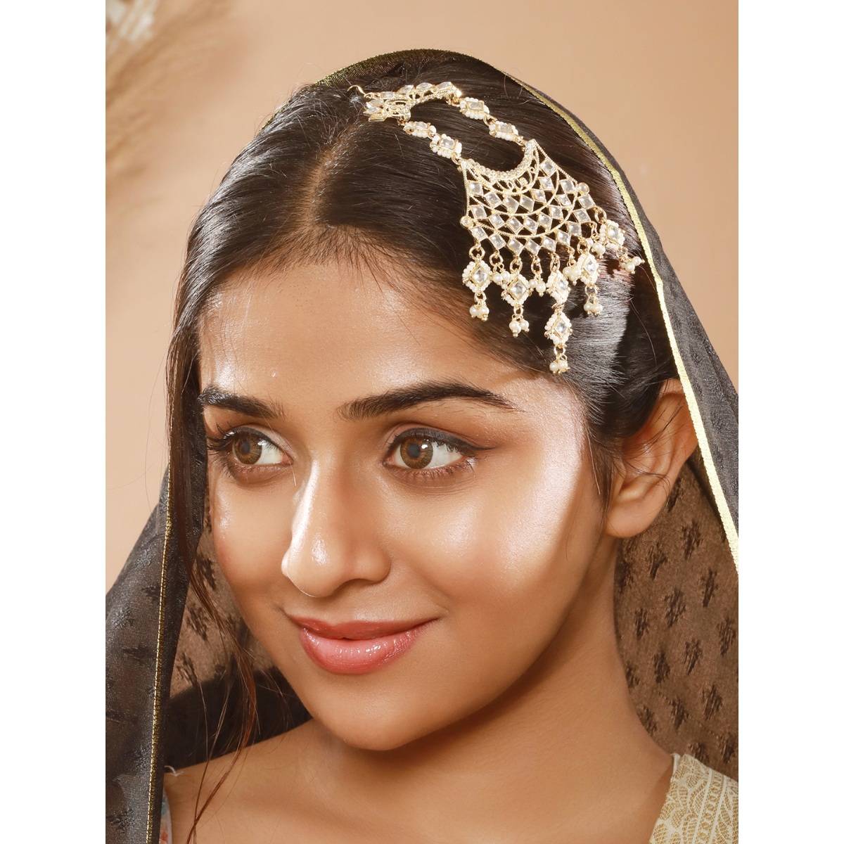 Aatmana Gold-Plated Kundan Studded Jhumar Passa Head Jewellery