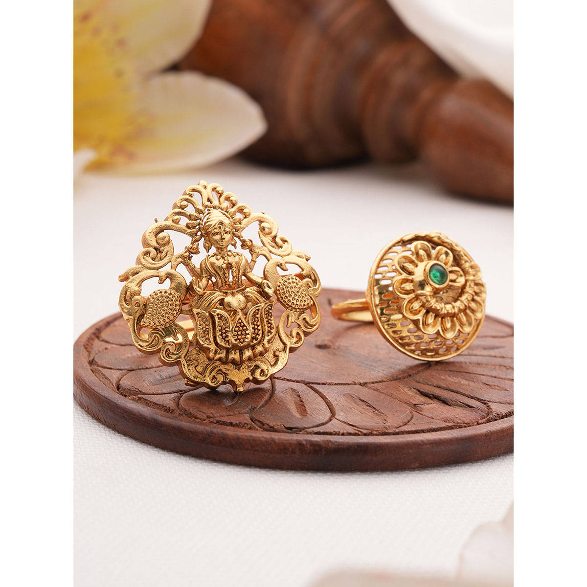 Aatmana Gold-Plated Stone Studded Temple Finger Rings (Set of 2)