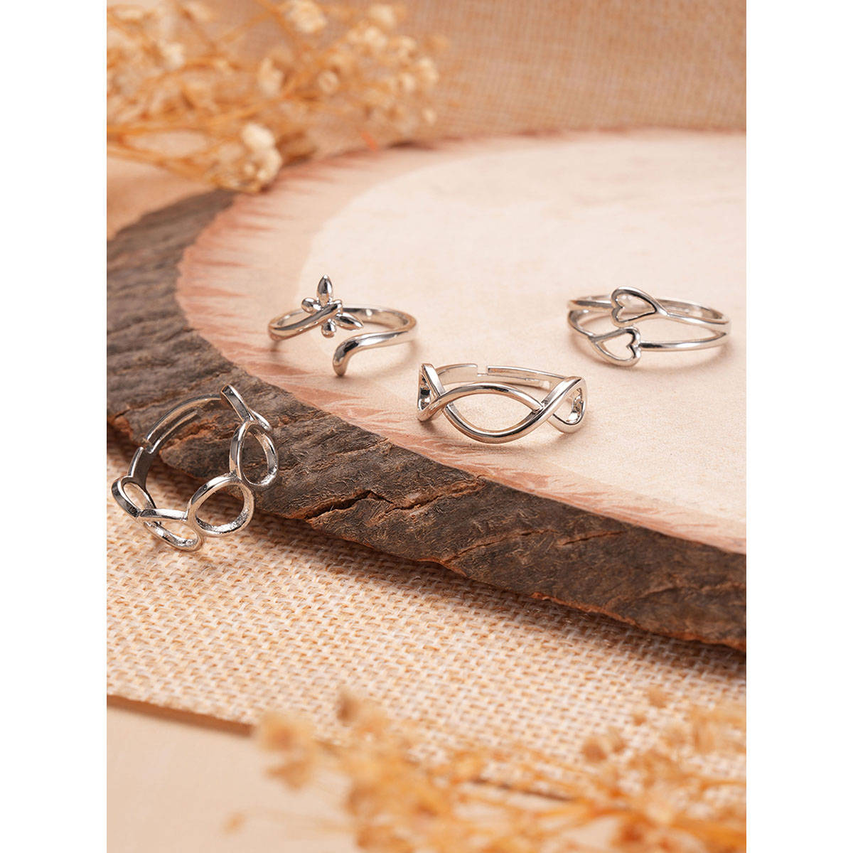 Aatmana Silver Plated Adjustable Finger Rings (Set of 4)