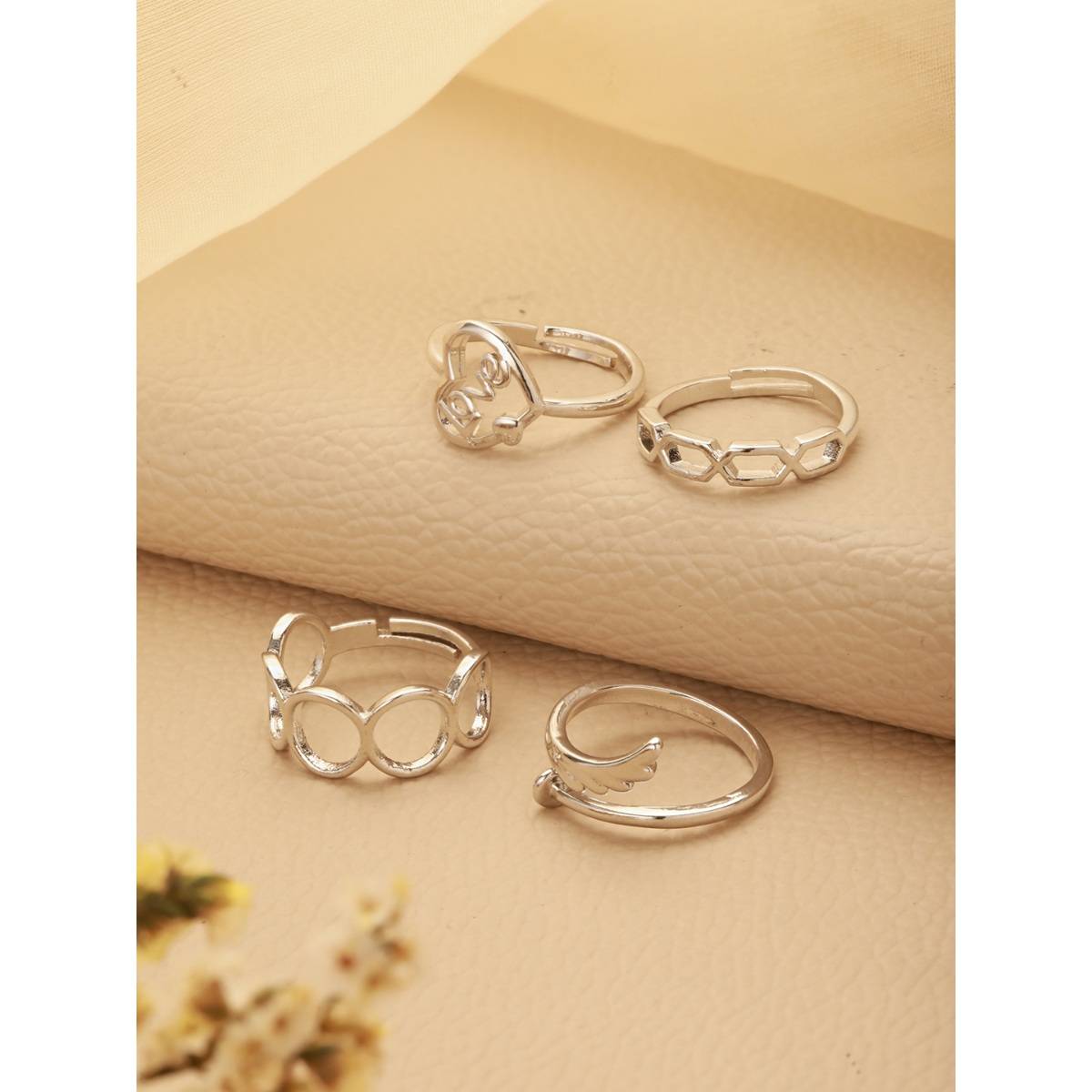 Aatmana Silver Plated Adjustable Finger Rings (Set of 4)