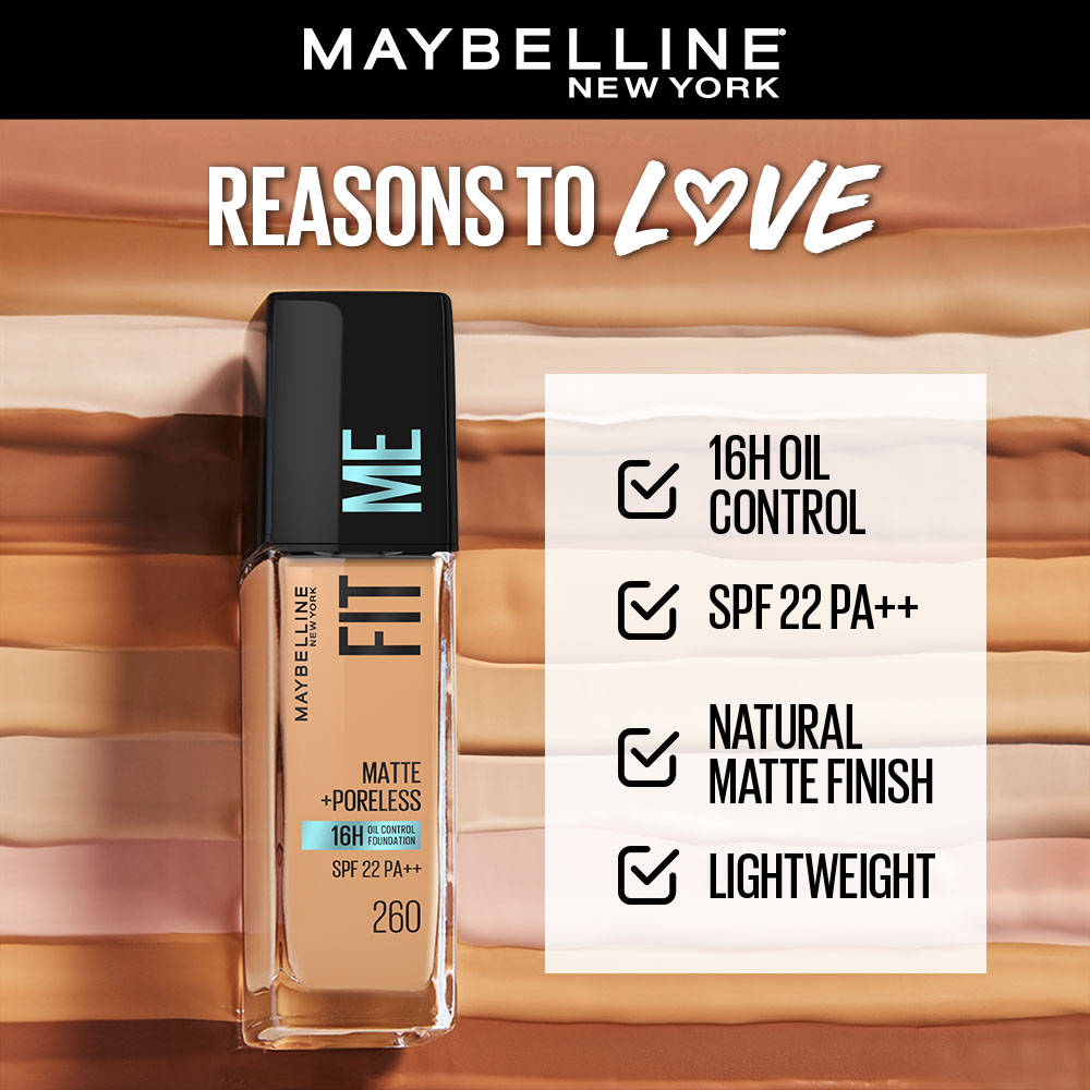Maybelline New York Fit Me Matte+Poreless 16H Oil Control Foundation with SPF 22 - Shade 260 (30ml)