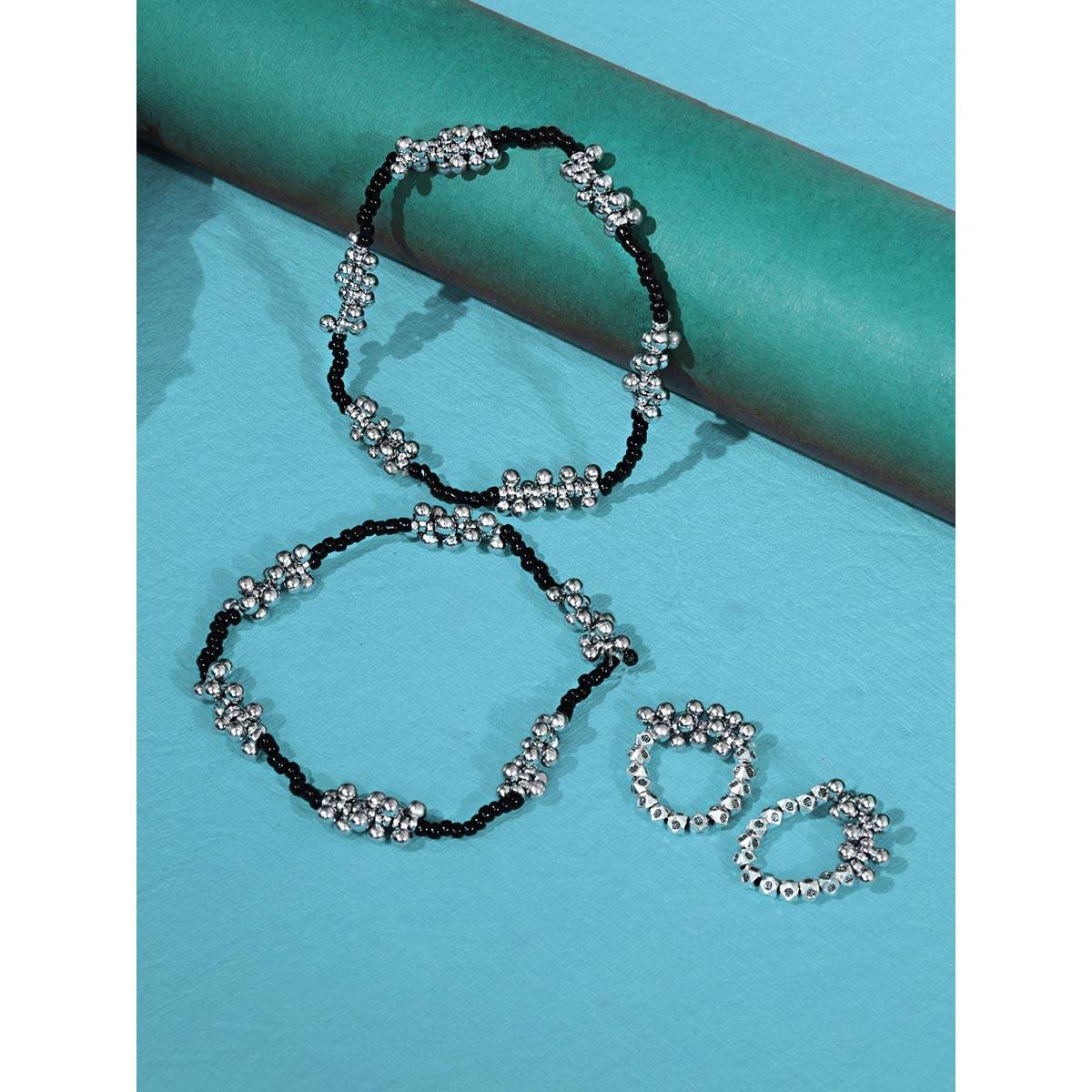 Abdesigns Silver Gungru Oxidised Anklets with Toe Ring · One Size