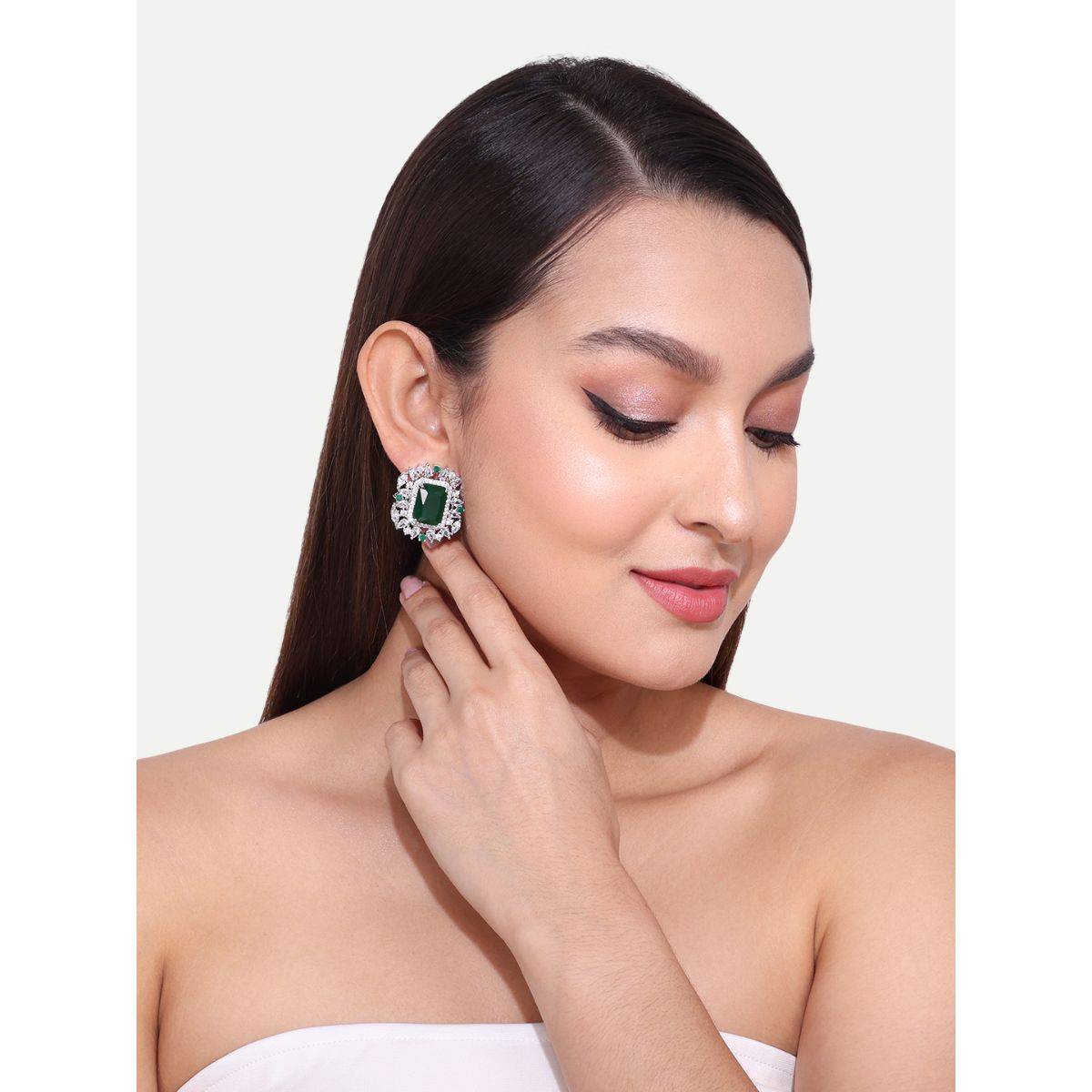 Abdesigns Silver Plated Emerald American Diamond Stud Earrings · One Size