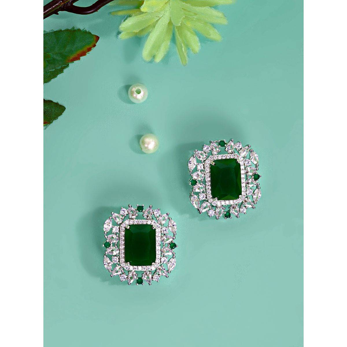 Abdesigns Silver Plated Emerald American Diamond Stud Earrings · One Size