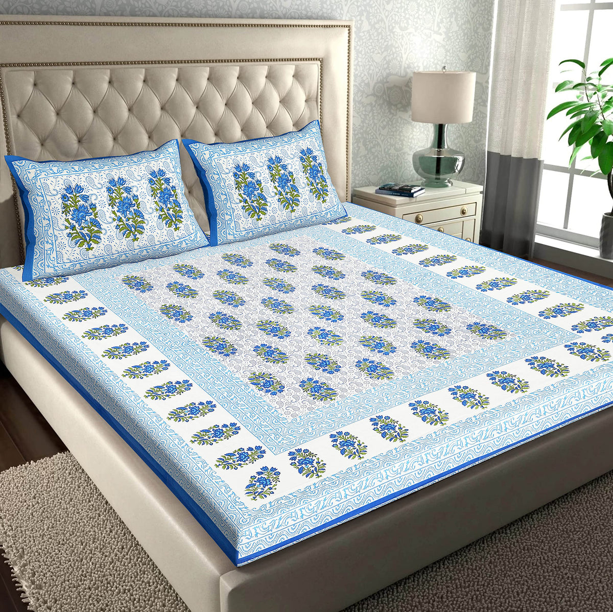RajasthaniKart® Ethnico Pure 100% Cotton Double Bed Sheet with 2 Pillow Covers (Bedsheet for Double Bed Cotton, Blue, Paisley) Blue Double