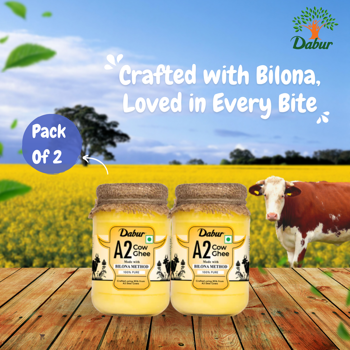 Dabur A2 Cow Ghee | Rich in Vitamin A & Antioxidant | Bilona method | Made from desi cows Milk Pack of 2 (500ml)