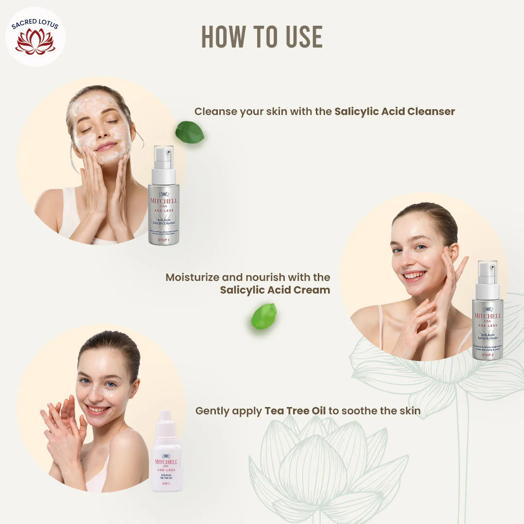 Mitchell AGE-LESS Acne + Anti-Aging Regimen (Cleanser + Cream + Tea Tree Oil) (50ml + 50ml + 6ml)