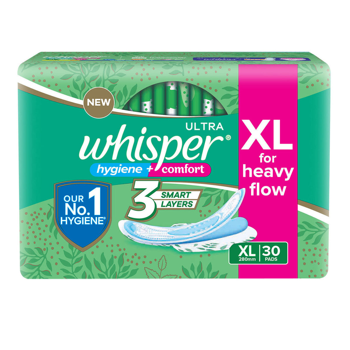 Whisper Ultra Hygiene+Comfort Sanitary Pads, 30 XL Pads, XL for Heavy Flow, Ultimate Protection & Comfort, Locks Odour & wetness, Cotton like soft top layer, Di