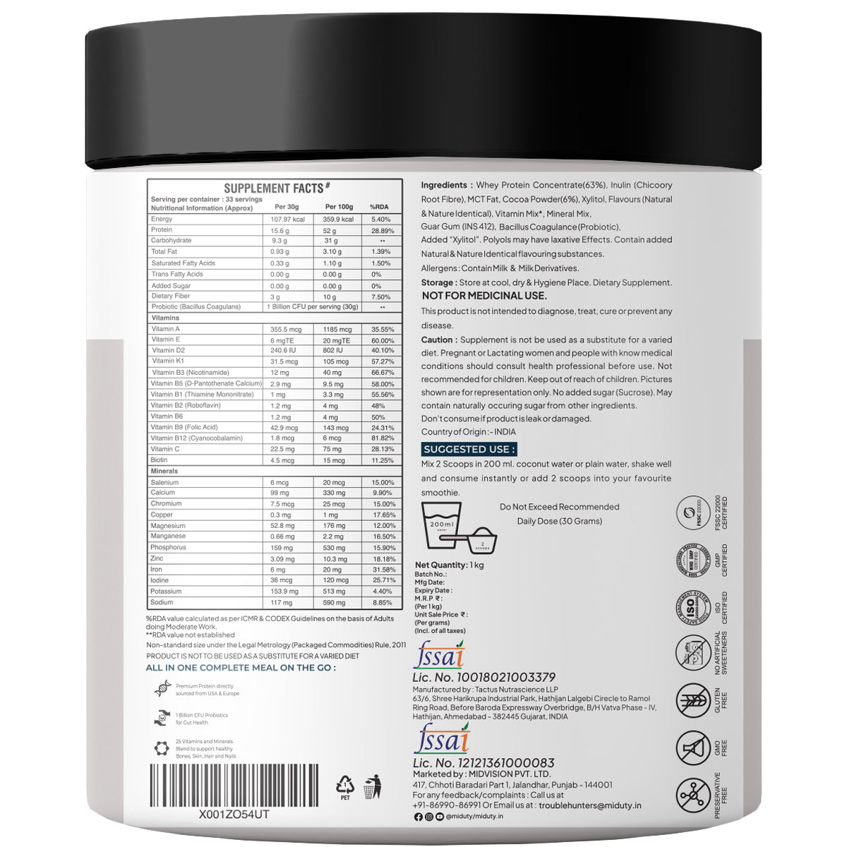 Miduty Fit & Lean Protein Shake | Whey Protein Powder 1 kg
