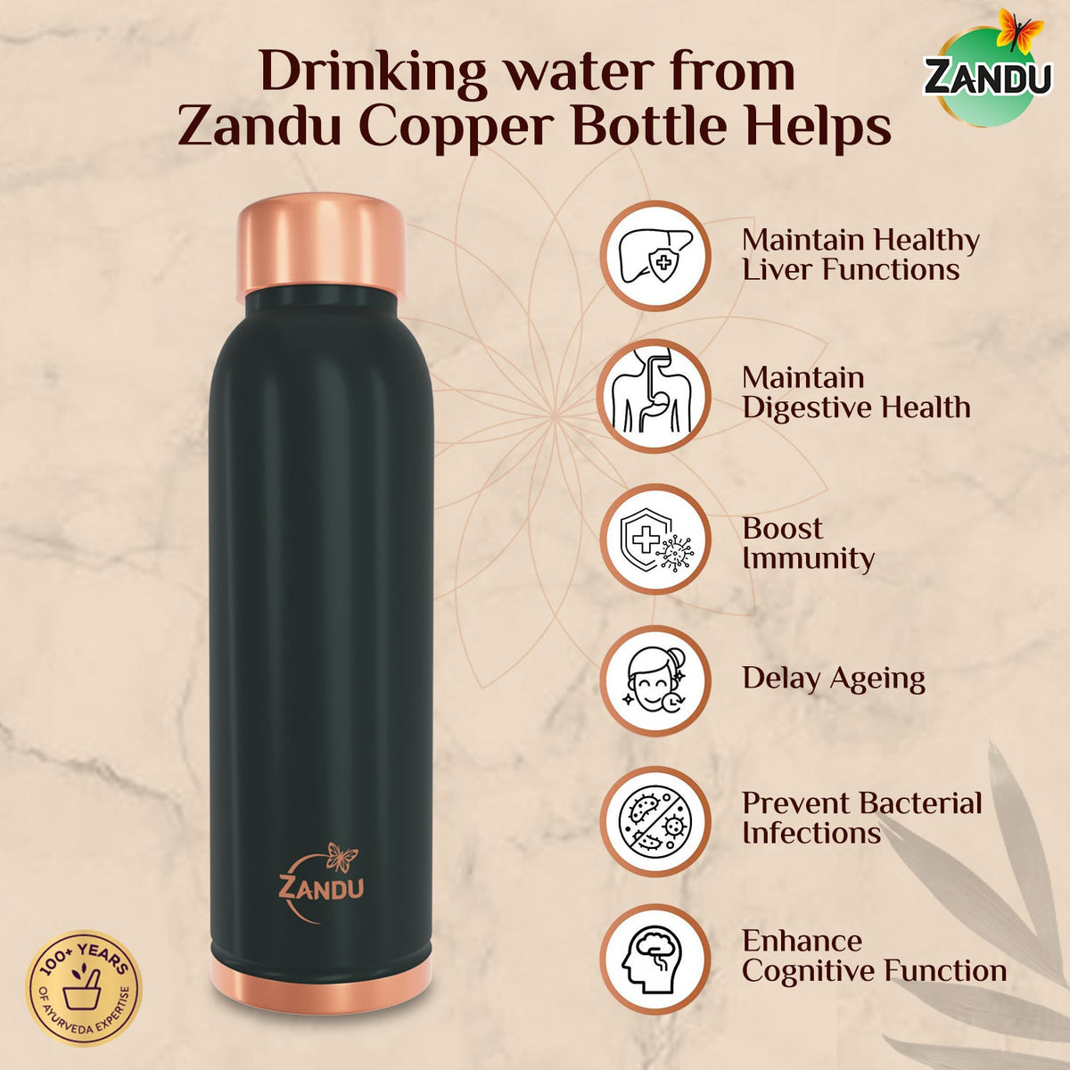 Zandu-O Copper Bottle - Alkalises Water & Kills 99% Microbes Plain Copper (950ml)