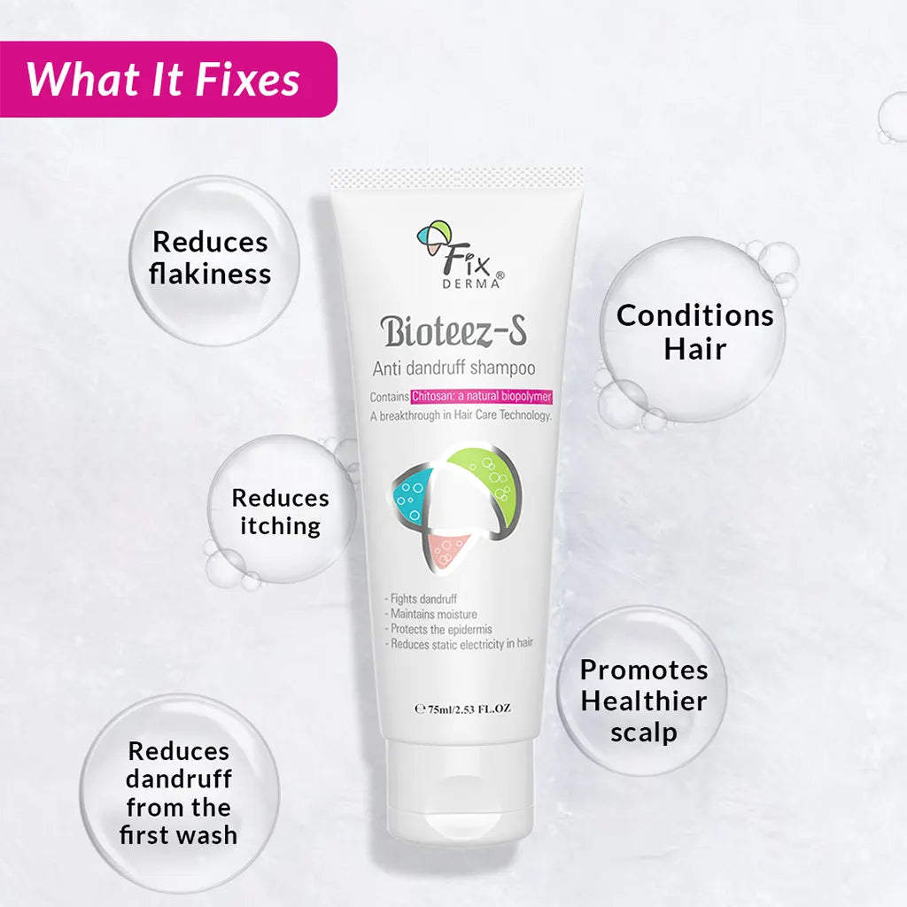 Fix Derma -1% Salicylic Acid, 2% Zinc Pyrithione, 2% Chitosan, Bioteez-S -Anti Dandruff Shampoo (75mL)