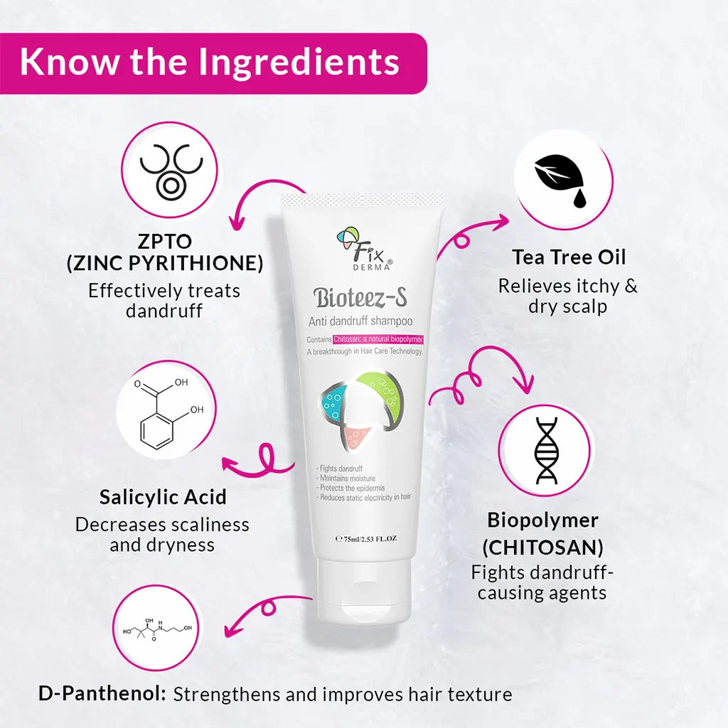 Fix Derma -1% Salicylic Acid, 2% Zinc Pyrithione, 2% Chitosan, Bioteez-S -Anti Dandruff Shampoo (75mL)