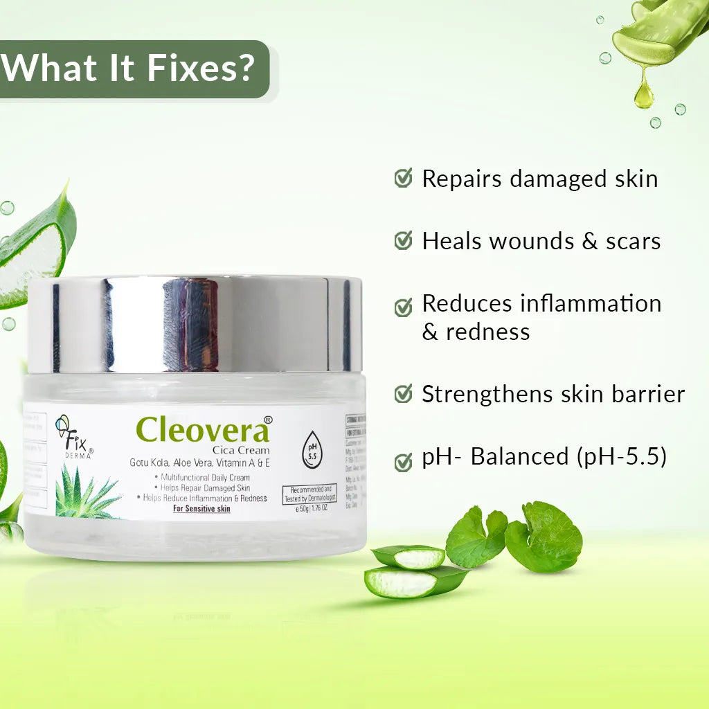 Fix Derma - Cleovera Cica Cream Gotu Kola, Vitamin A, Vitamin E And Aloe Vera Face Cream (50g)