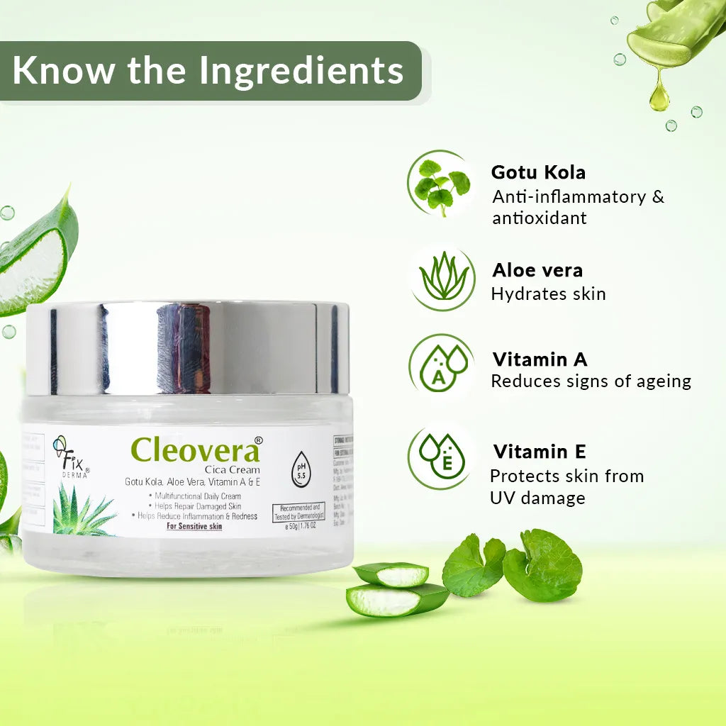 Fix Derma - Cleovera Cica Cream Gotu Kola, Vitamin A, Vitamin E And Aloe Vera Face Cream (50g)