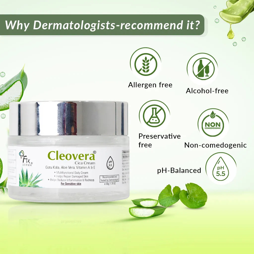 Fix Derma - Cleovera Cica Cream Gotu Kola, Vitamin A, Vitamin E And Aloe Vera Face Cream (50g)