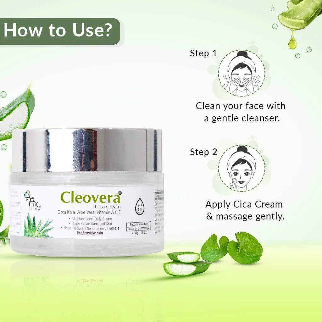 Fix Derma - Cleovera Cica Cream Gotu Kola, Vitamin A, Vitamin E And Aloe Vera Face Cream (50g)