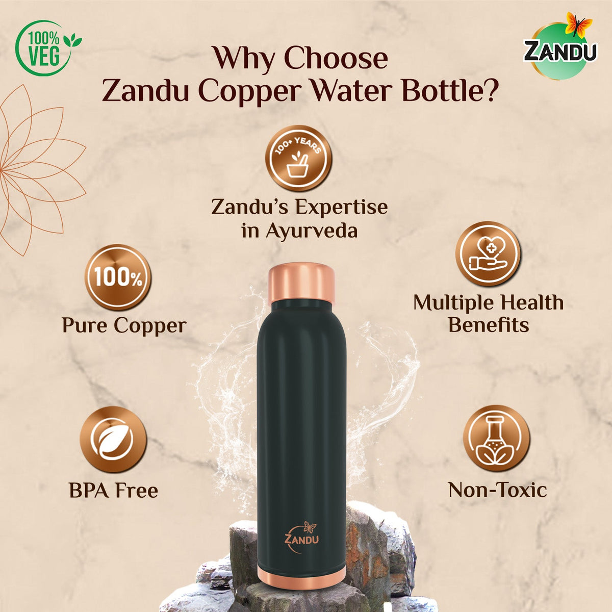 Zandu-O Copper Bottle - Alkalises Water & Kills 99% Microbes Plain Copper (950ml)