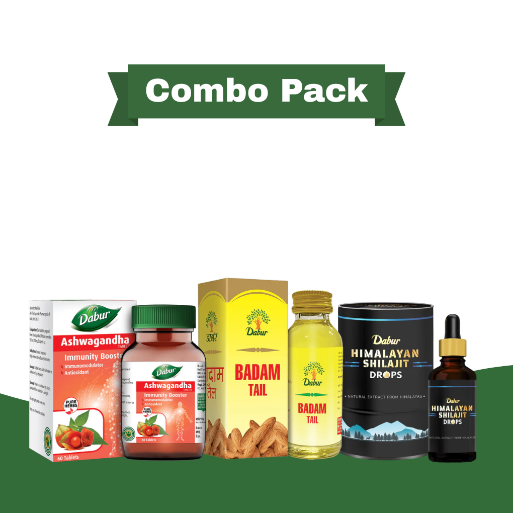 Dabur Ashwagandha Tablets 60 Tabs + Dabur Badam Tail 100ml + Dabur Himalayan Pure Shilajit Drops 30ml Pack of 3