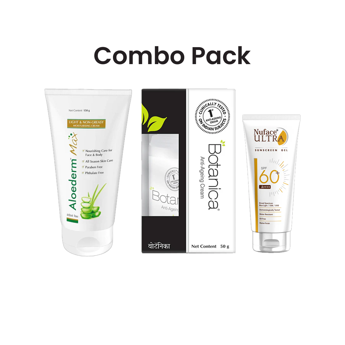 Dabur Aloederm Max Mositurising Cream (150g) + Nuface Ultra Sunscreen (50g) + Botanica Anti Ageing Cream (50g) Pack of 3