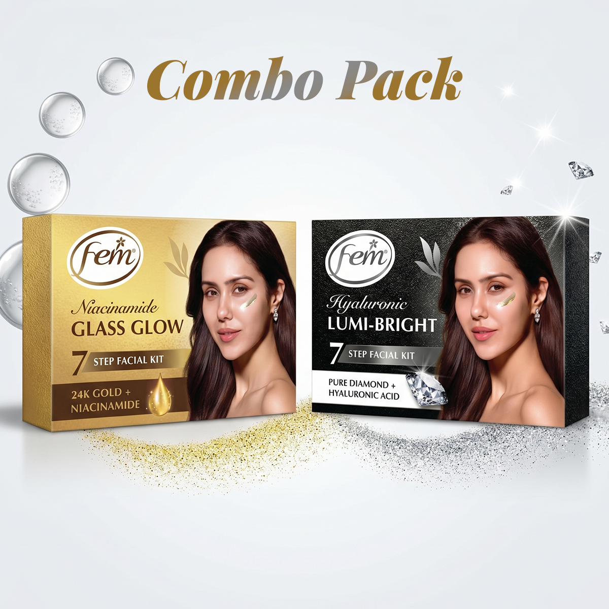 Dabur FEM Niacinamide Glass Glow Facial Kit+FEM Hyaluronic Lumi-Bright Facial Kit Combo
