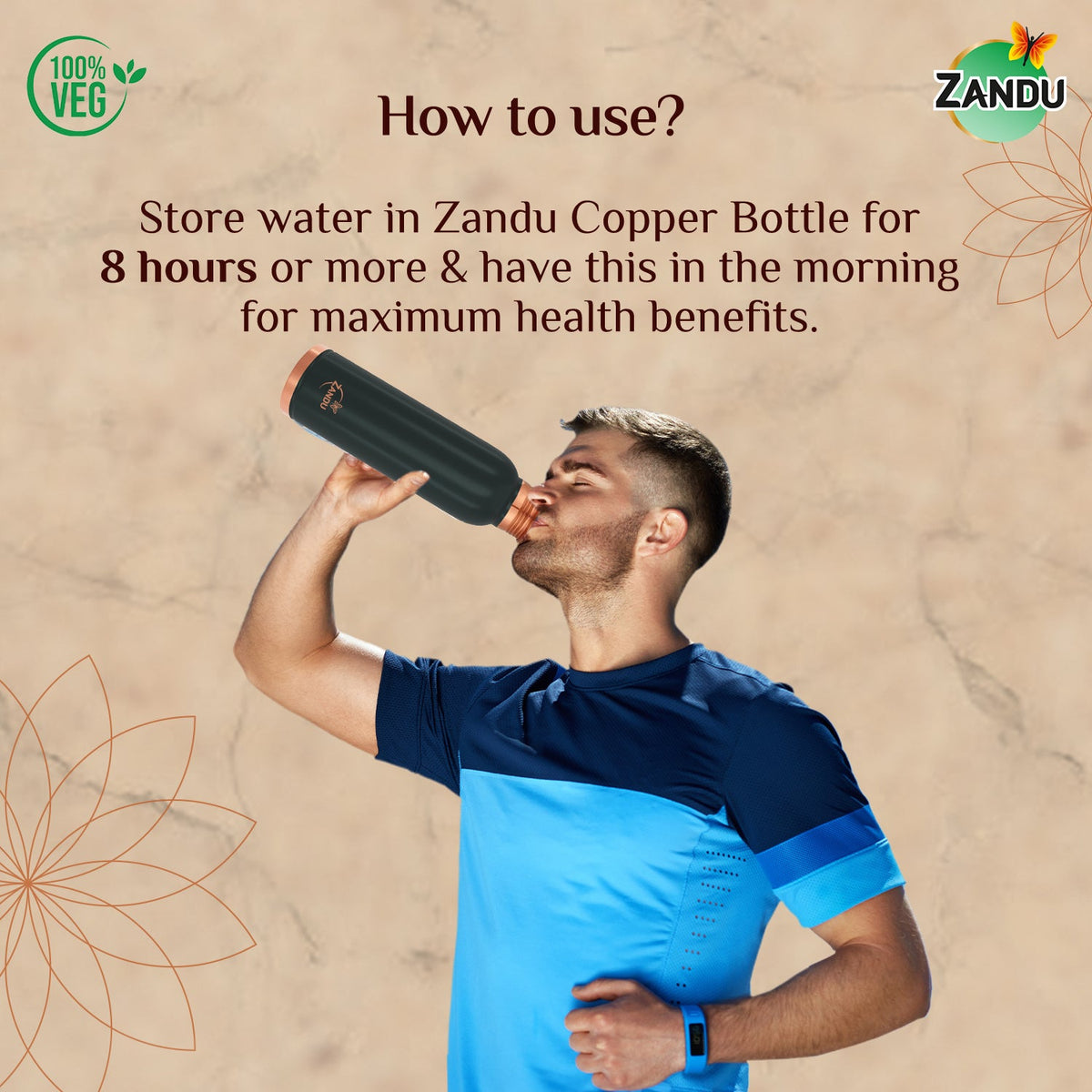 Zandu-O Copper Bottle - Alkalises Water & Kills 99% Microbes Plain Copper (950ml)