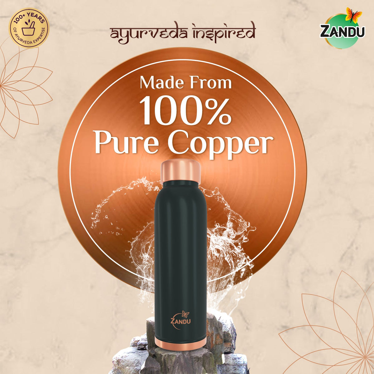 Zandu-O Copper Bottle - Alkalises Water & Kills 99% Microbes Plain Copper (950ml)