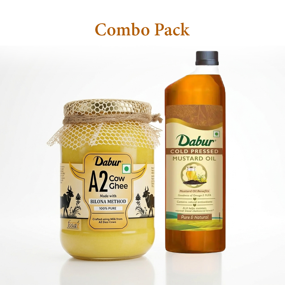 Dabur A2 Cow Ghee 500ml and Cold Pressed Mustard Oil 1ltr Combo Pack