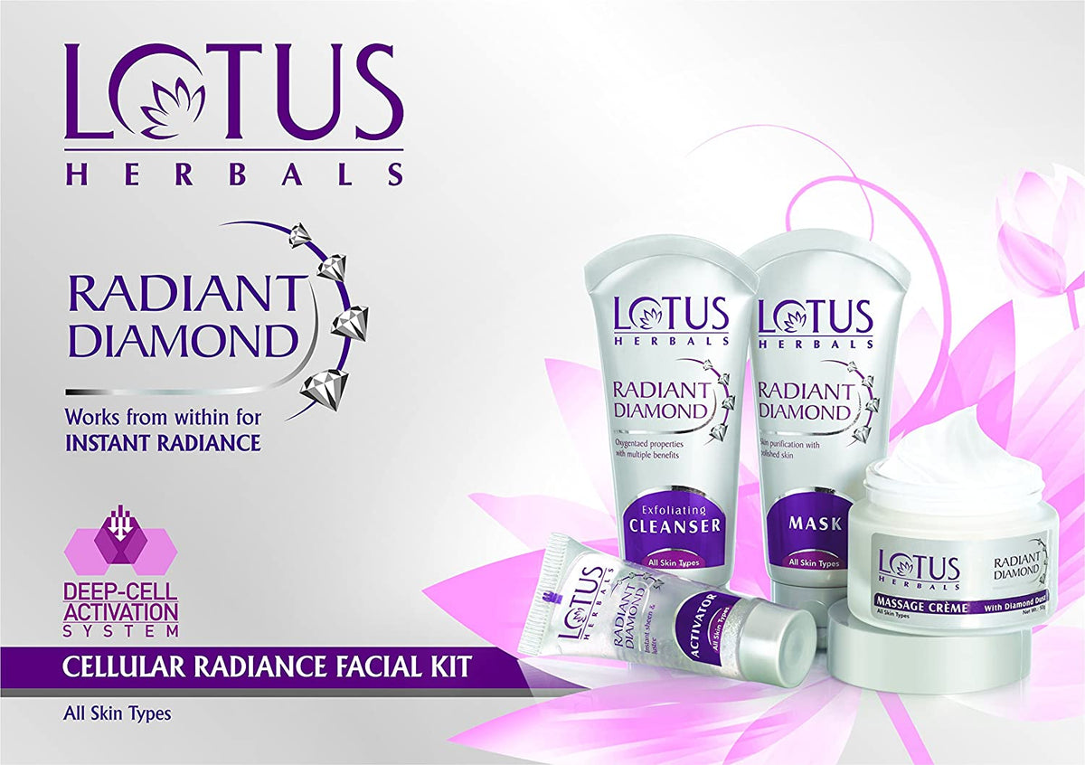 LOTUS HERBALS Lotus Radiant Diamond Facial Kit for instant radiance with Diamond dust &amp; Cinnamon, 4 easy steps, 170g (Multiple use)